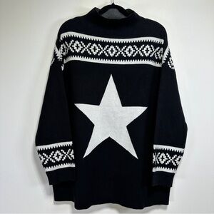 Tahari | Black & White Star Knit Sweater Mock Neck Boho Fair Isle Style Size 1X